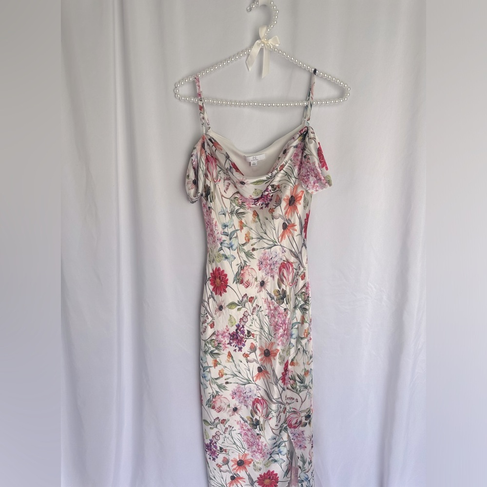 Wildflower Print Off The Shoulder Spaghetti Strap Cowl Neck Midi Slit Dress - Picture 2 of 4